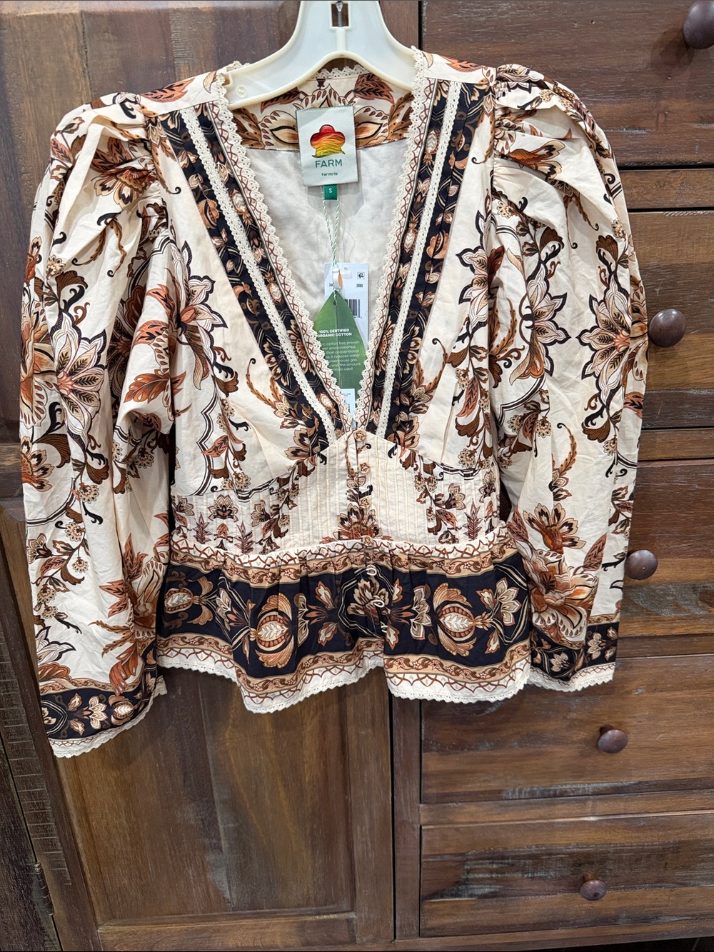 FARM Rio Cream Floral Peplum Blouse with Black & Brown Trim - Picture 5 of 10